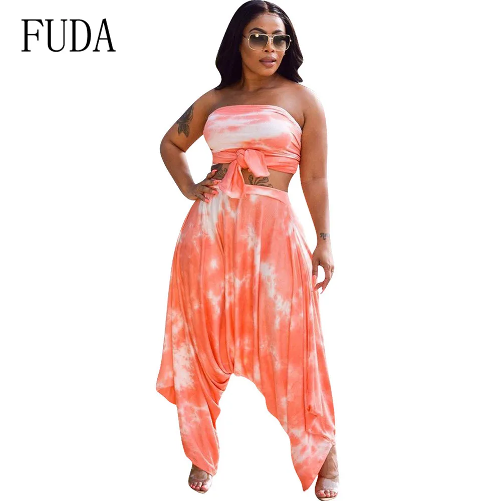 

FUDA Multi-wear Tube Top Set Loose Jumpsuits Elegant Off Shoulder Sleeveless Wide Leg Playsuits Summer Casual Printed Overalls