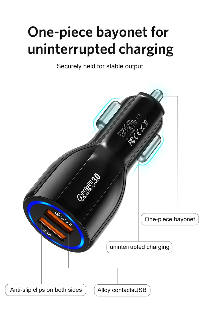 USLION автомобильное USB зарядное устройство Быстрая зарядка 3,0 2,0 зарядное устройство для мобильного телефона 2 порта USB быстрая зарядка для iPhone 7 8 X XS Samsung планшет автомобильное зарядное устройство