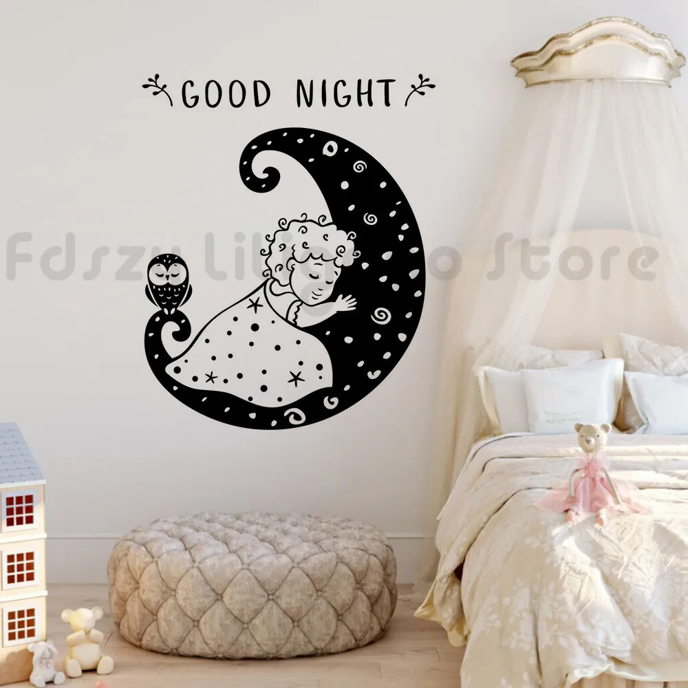 Little Girl And Moon Wall Sticker Good Night Quote Wall Decal Baby