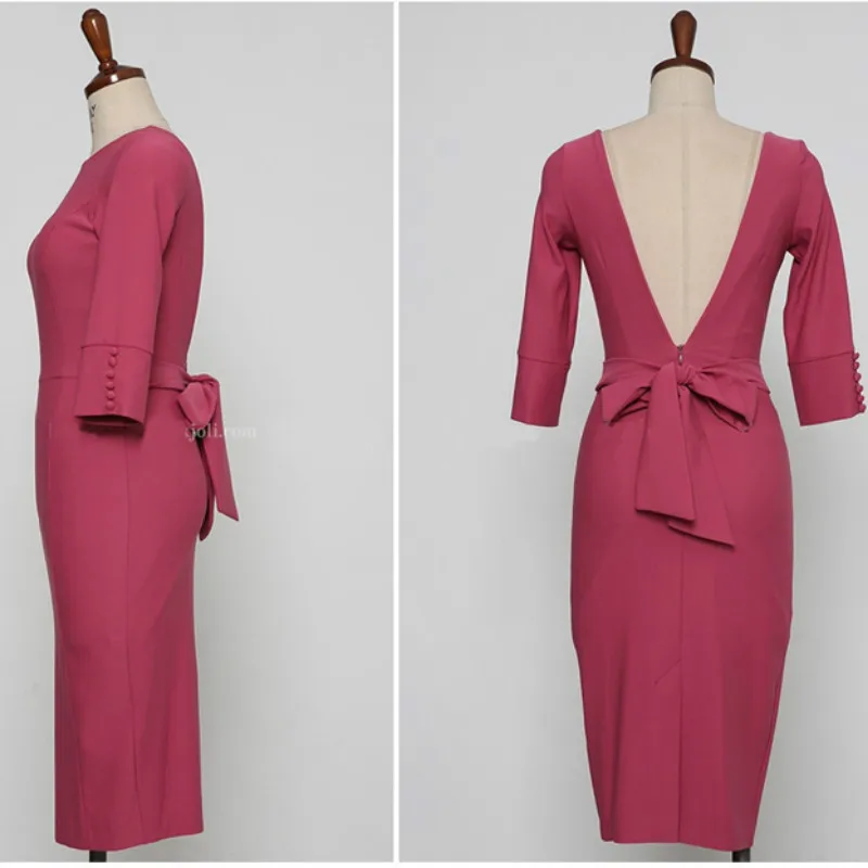 Осень 3/4, рукав, бант, открытая спина, сексуальное, карандаш, Vestidos, длина до колена, облегающее, розовое, с разрезом, вечерние, женское платье