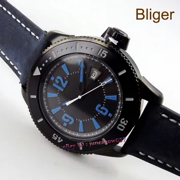 

Bliger 43mm black dial luminous blue marks PVD case Miyota 8215 Automatic men's watch