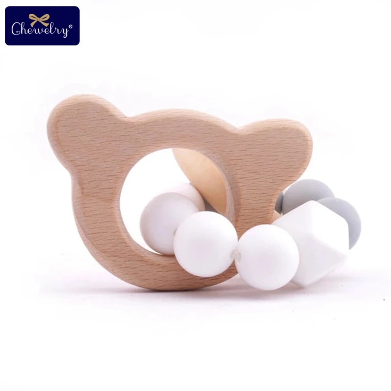 Silicone bear 1 шт., детский браслет Teethe Woden, Ювелирное Украшение из бука, деревянное кольцо, персонализированные детские силиконовые бусины, детская коляска-погремушка, Товары для детей - Цвет: Silicone bear