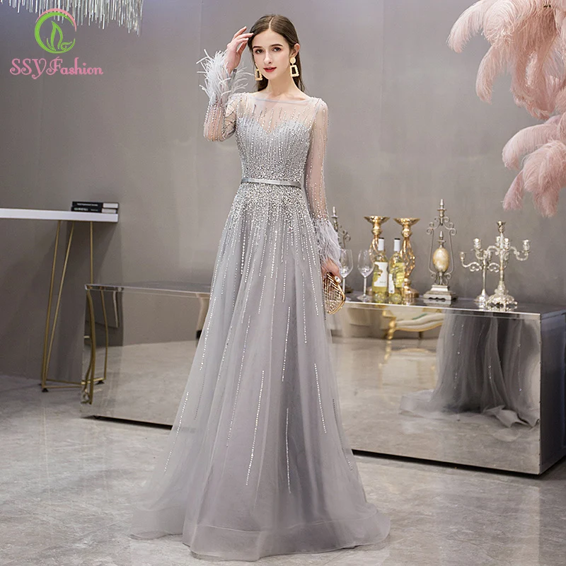 

SSYFashion New High-end Luxury Evening Dress Banquet Long Sleeve Feather Sequins Beading Prom Gown Formal Dresses Robe De Soiree