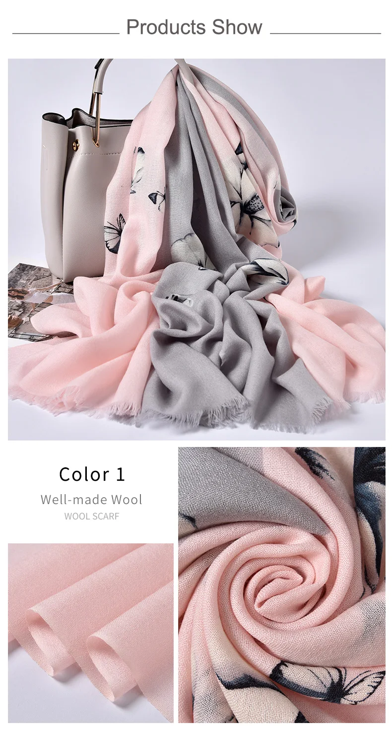 Зимний шарф из чистой шерсти, женские цветочные шали с изображением бабочек и обертывания, женские шарфы из шерсти с принтом, кашемировые шарфы для женщин