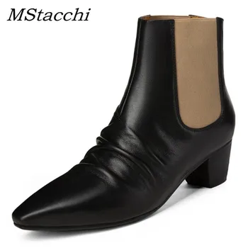 

MStacchi Women Chelsea Ankle Boots Woman Natural Fold Cow Leather Elastic Band Botines Mujer 2019 Cozy Chunky Heels Ladies Boots