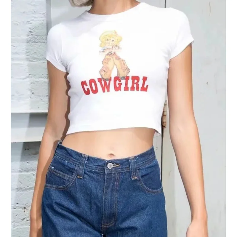 

Women Cowgirl Crop Tee Girls Crop Top Short Sleeve Cotton Slim Fort Worth Print Graphic Tees Brandy Tops Cropped Tee T-shirt New