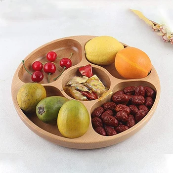 

Wood Appetizers Serving Dish,Household 5 Compartments Snack Dry Fruit Plate Candy Tray - Round Divided Snack Plate Tray