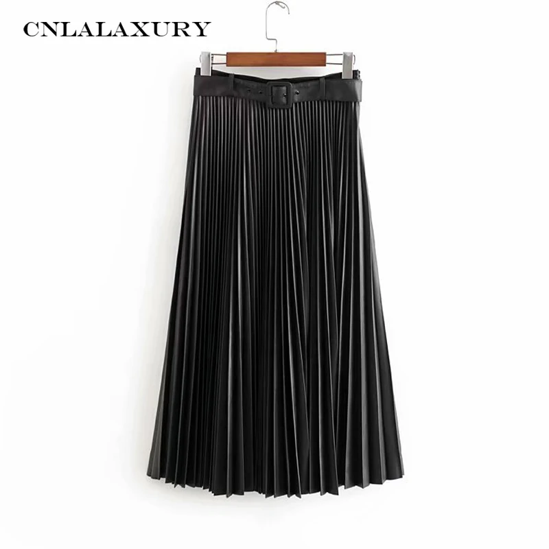 Плиссированные юбки с поясом на талии, женская модная Однотонная юбка из искусственной кожи, женские элегантные свободные юбки до середины икры, женские юбки faldas