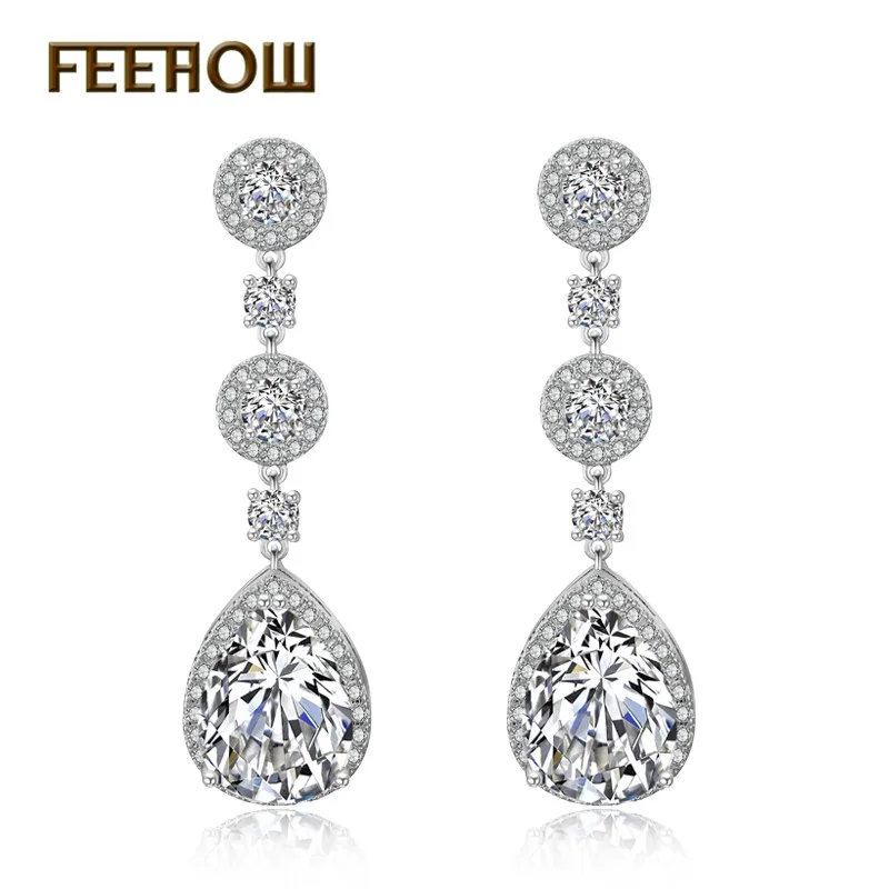 FEEHOW, классические, прозрачные, AAA, кубический циркон, капля воды, длинные, модные серьги-подвески для женщин, для свадьбы, ужина, вечерние, ювелирные изделия, FWEP2008 - Окраска металла: White