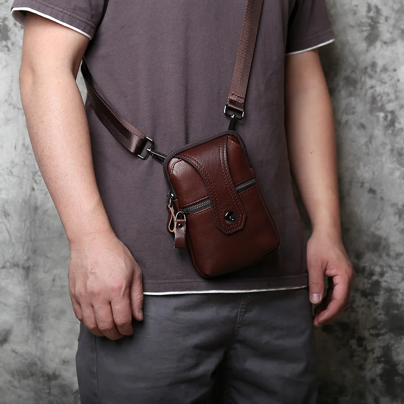 NZPJ Leather Men's Waist Bag Top Layer Cowhide Casual Mobile Phone Bag Wear Belt Vertical Shoulder Messenger Mobile Phone Bag