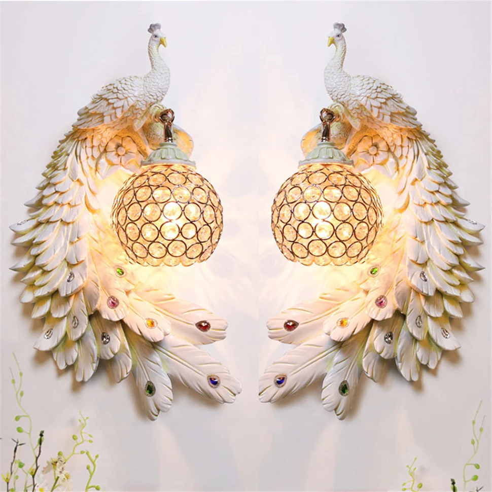 

European Wall Lights Luxury Vanity Light Wall Lamp Colorful Peacock Crystal Wall Light Bedroom Bedside Resin Wall Sconce Lamp
