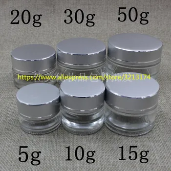 

5g 10g 15g 20g 30g 50g clear glass cream jar matte silver aluminum lid, cosmetic eye mini sample mask cream facial container