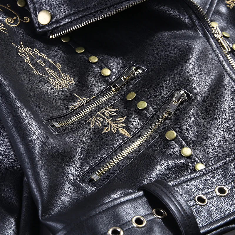 Женская Панк, искусственная кожа, куртка с принтом, заклепки, мотоциклетная байкерская куртка плотный облегающий Топ, зимняя винтажная кожаная куртка на молнии