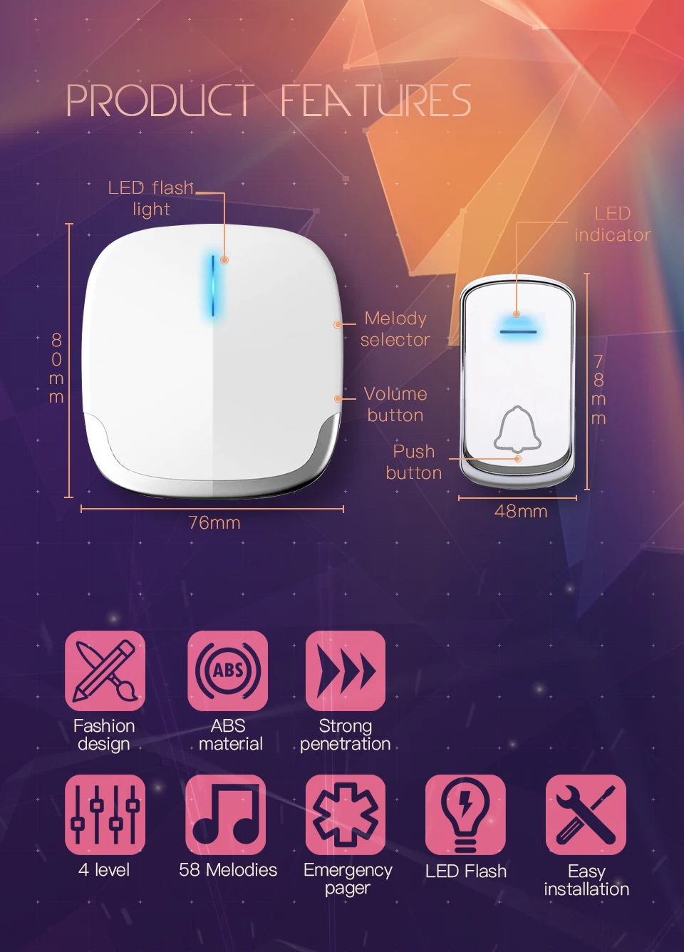 IngHoo intelligent fashion wireless doorbell 58 ringtones US EU UK plug receiver 260m remote call home waterproof doorbell