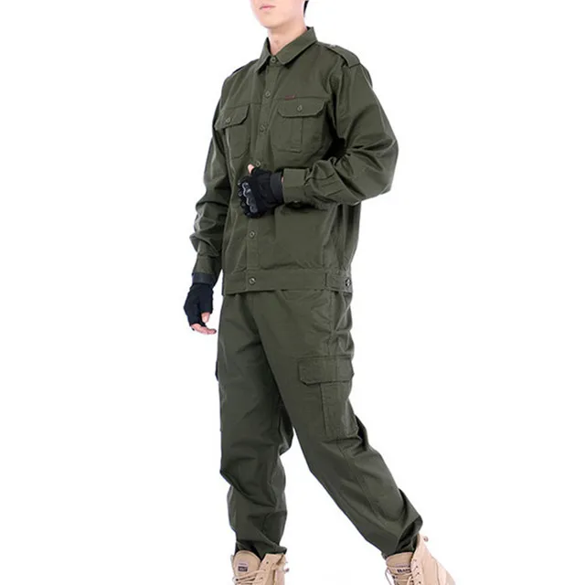 Olive green Хлопковый комбинезон для страховки на работу, костюм для мужчин, наружная пота-Абсорбирующая Военная униформа, камуфляж - Цвет: Olive green