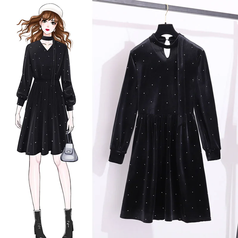 

Autumn Casual Women Polka Dot Gold Velvet Warm Midi Shirt Dress Plus Size V Neck Long Sleeve A Line Office Lady Black Vestidos