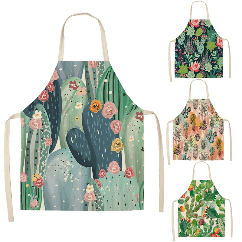 1 Pcs Cactus Pattern Kitchen Apron for Woman Sleeveless Cotton Linen Aprons Home Cooking Baking Bibs Cleaning Tools