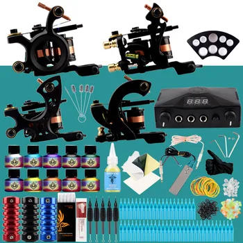 

Professional Tattoo Kit 4 Machines Guns Set Design Pigment Inks Set LCD Power Needles Set Body Art Permanent Complete Tattoo Set