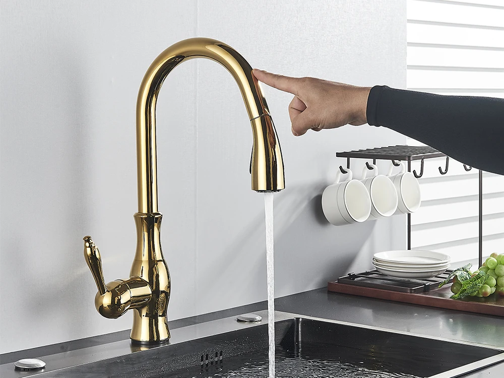 Polished Gold Sensor Kitchen Faucet 360 Rotation Pull Out Spary Single Handle Cold Hot Mixer Tap Sensitive Touch Sink Crane white undermount kitchen sink