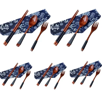

5 Set Wooden Flatware Tableware Cutlery Set Travel Utensils Tied Line Reusable Flatware, Wooden Fork Spoon Chopsticks