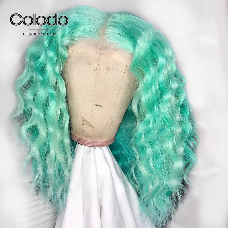

COLODO Green Wig 13x4 Remy Brazilian Short Curly Human Hair Wig With Baby Hair Pre Plucked Blue Bob Lace Front Wigs for Women