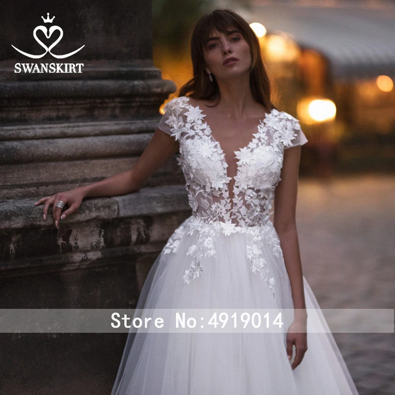 Swanskirt модное свадебное платье трапециевидной формы с бисером 2019 с аппликацией на шнуровке со шлейфом Свадебное платье принцессы Vestido De Noiva