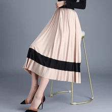 Korean Fashion Pleated Skirts Womens Elegant Woman High Waist Skirt Woman Patchwork Midi Skirts Faldas Mujer Moda OL Long Skirt