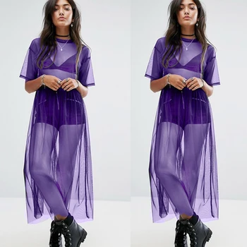 

HOT Women Summer See through Cover-Ups Summer Lace Mesh Beach Holiday O Neck Short Sleeve Wrap Loose Bikini Long Cover-Up Dress