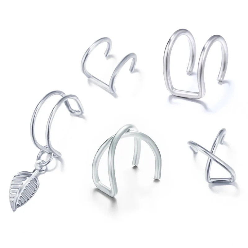 Silver-5PC Leaf Модные клипсы для ушей в стиле панк-рок, женские манжеты без пирсинга, клипсы для хряща, золотые серебряные серьги, женские серьги-Каффы - Окраска металла: Silver-5PC Leaf