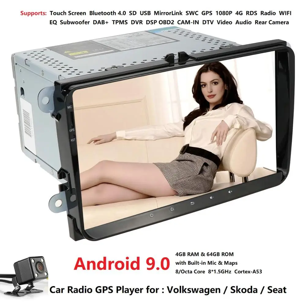 HD 9-дюймовый автомобильный радиоприемник 9 ''Android 9,0 Автомобильный gps навигатор DVD для Volkswagen Golf, Volkswagen Polo Passat Beetle Touran Jetta skoda SEAT DAB(без DVD