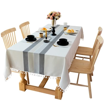 

Tablecloth Stitching Tassel Cotton Linen Tablecloth Wrinkle Free Dust-Proof Table Cover for Kitchen Dining Room Home