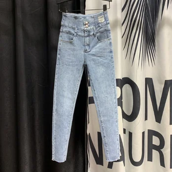 

High Waist Jeans Women 2020 Spring Fall New Korean-Style Breasted Small Feet Pencil Pants Sknny Jeans Ladies Jeans Jean Mujer