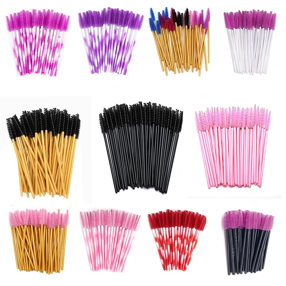 Varita de máscara para cejas, cepillo Spoolie, 50 unidades/juego, venta al por mayor, varitas desechables para pestañas, cepillo para la extensión de pestañas