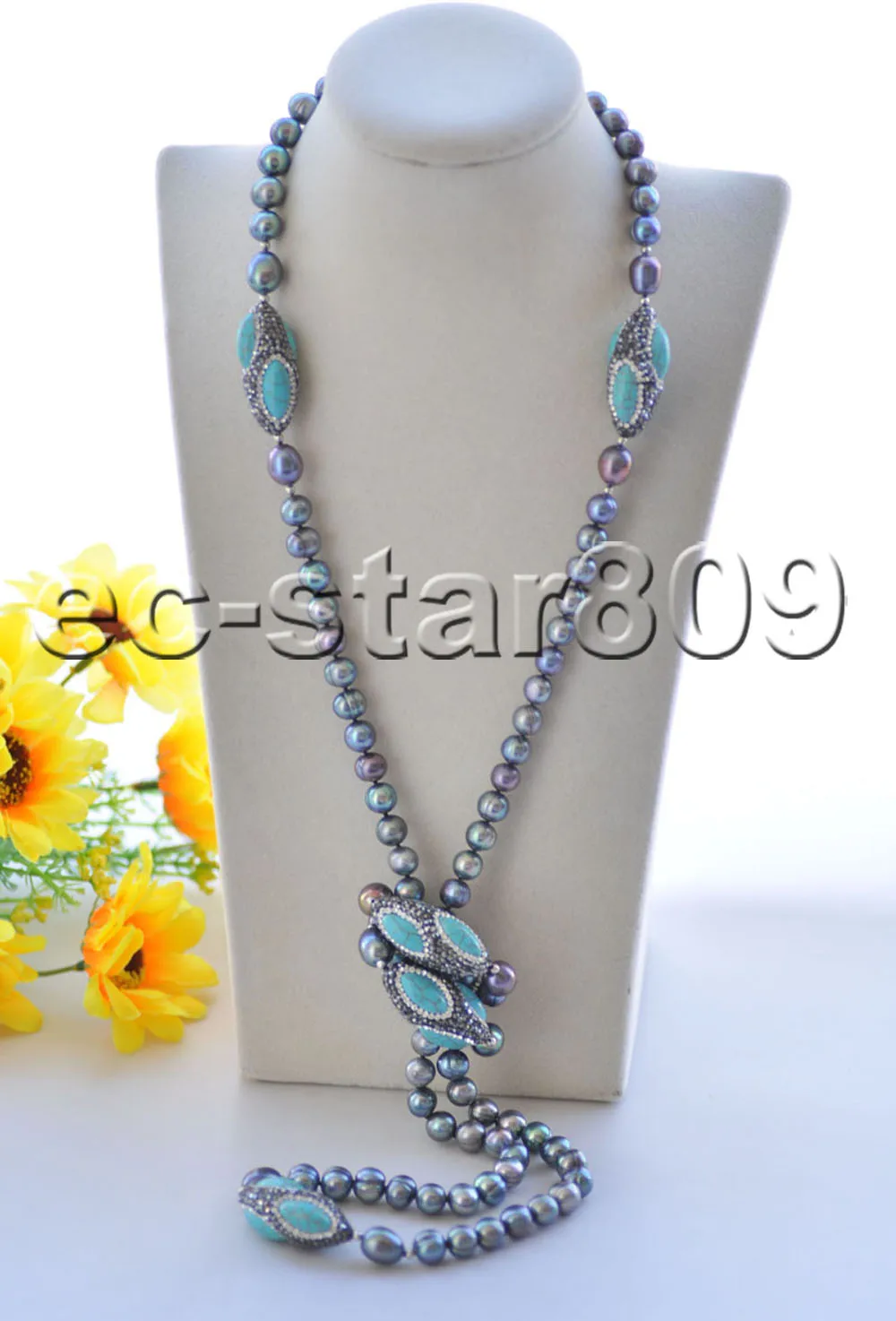 

P7415 33"-100" Black Round Freshwater Pearl Turquoise Shuttle CZ Necklace Choker