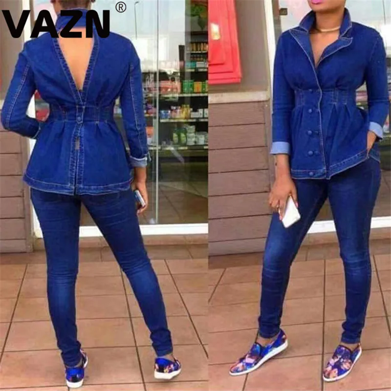 

VAZN Top design 2020 spring sexy aldy jean solid 2-piece long set full sleeve double-breasted tops slim long jeans set cool sets