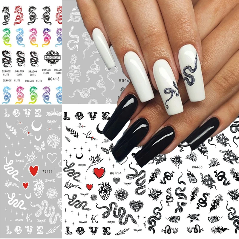 3D наклейка на ногти в виде змеи украшение красочные черные белые дракон змея