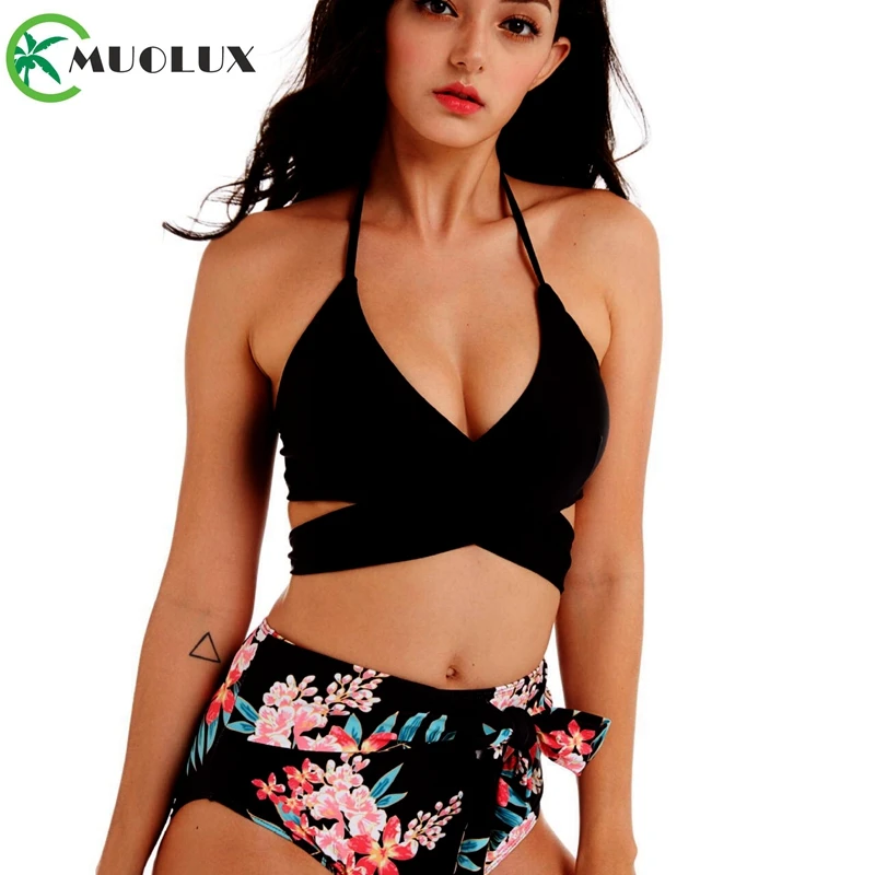 

MUOLUX 2019 Sexy Two Piece Swimwear Print Vintage straps Bathing Suit High Waist Cross two-piece Swimsuit women Beaching wear