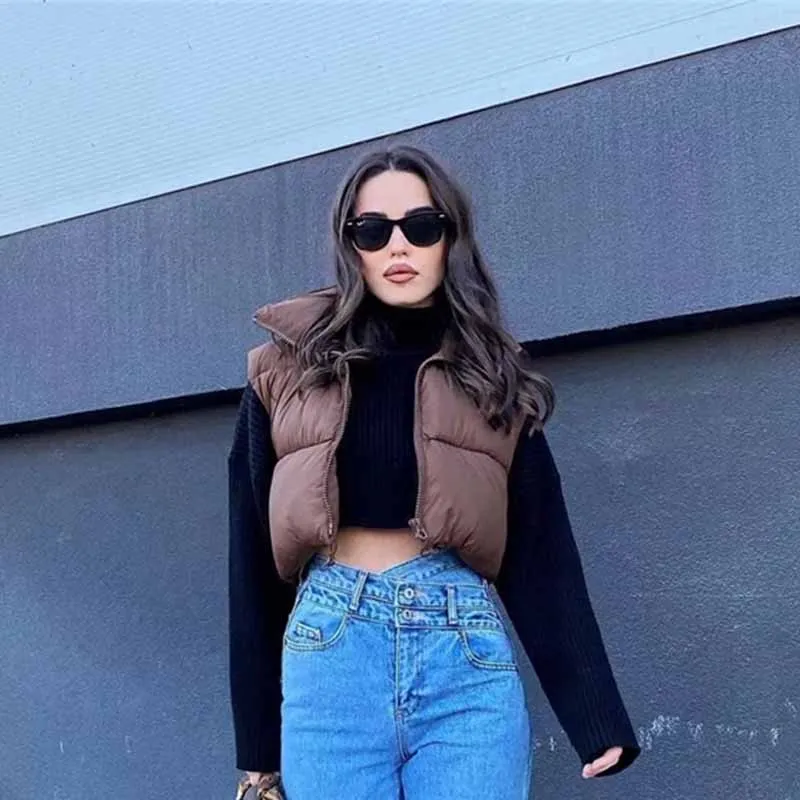 KRSB Autumn Women Za Fashion Brown Cropped Vest Coat Female Stand Collar Zipper Waistcoat High Street Ladies Casual Outerwear | Женская