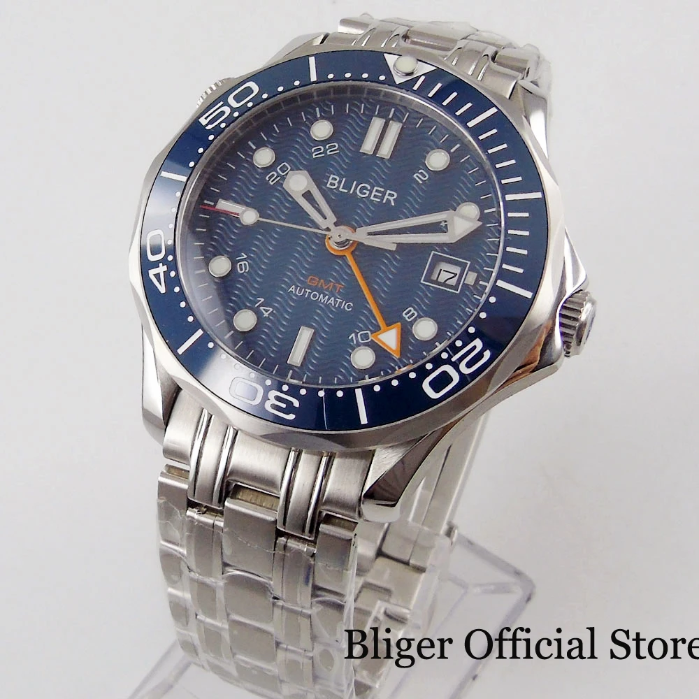 

BLIGER Classic Automatic Men Watch Blue Dial GMT Hand Ceramic Bezel Mental Strap Sapphire Glass