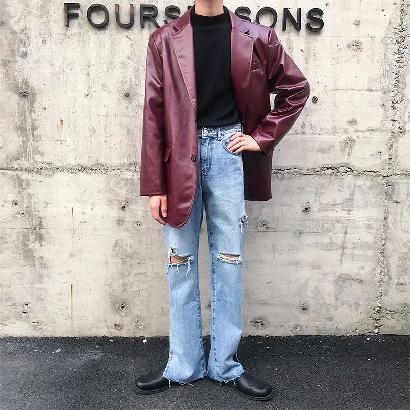 

Men Vintage Streetwear Loose Casual Leather Suit Jacket Blazer Male Faux Fur Jacket Outerwear Coat