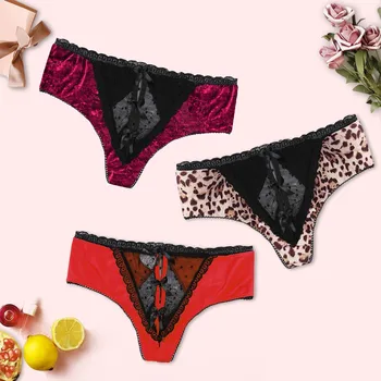 

3pc Sexy Lingerie Women Lace Bowknot Briefs G-string Thong Lingerie Crotchless Underwear Mesh Transparent Panties Girls G3