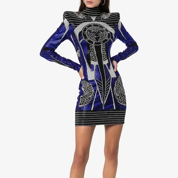 

Elegant Blue O Neck Long Sleeve Jacquard Clubwear Bandage Dress Women Fashion Mini Dress Vestidos Wholesale 2019