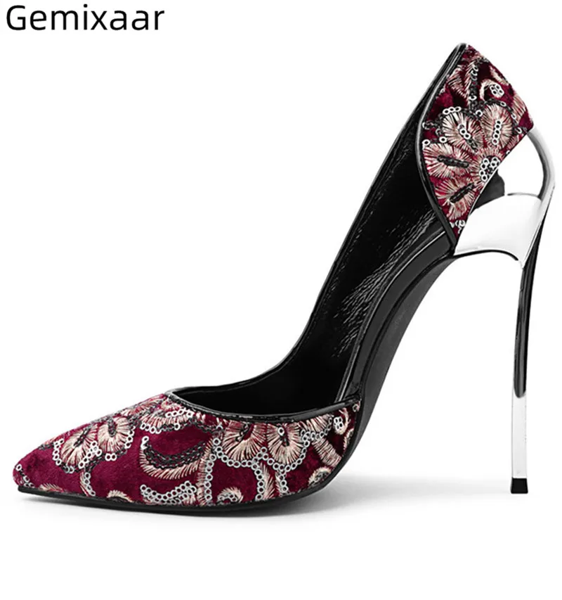 

Luxury Purple Embroider Women Shoes Super High Metal Gladiator Heel Elegant Footwear Mature Purple Decor Sewing Women Pumps 42