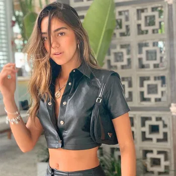 

STYLISH LADY PU Leather Jacket Cropped 2020 Summer Women Short Sleeve Single Button Black Club Party Motorcycle Biker Jacket