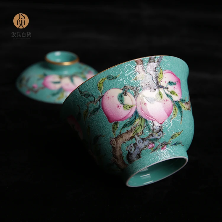 1-绿地扒花寿桃 盖碗 主图1-5