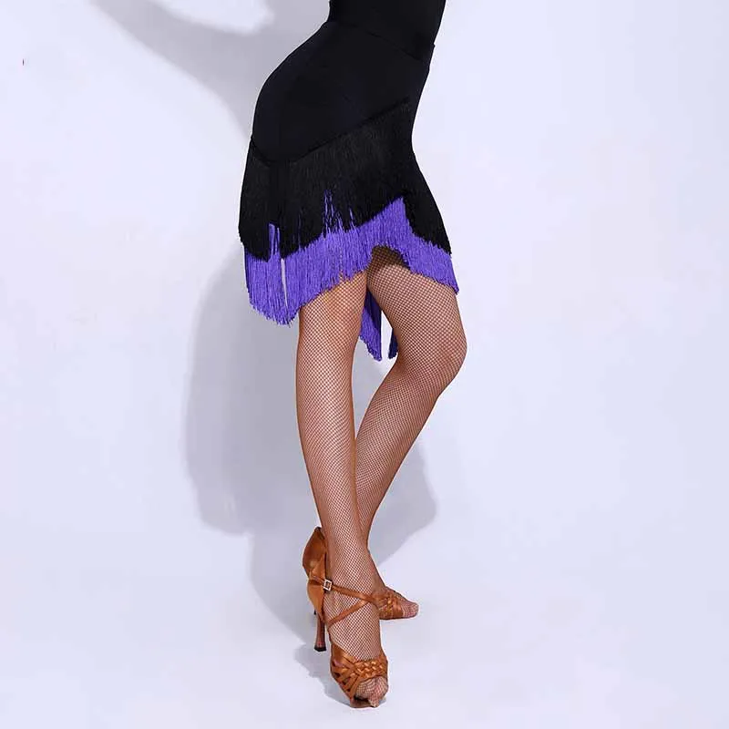 Black and purple Модная юбка для латинских танцев ча Сальса Самба Румба Танго Сращивание бахрома тренировочная одежда женская бальная одежда для выступлений PY223 - Цвет: Black and purple
