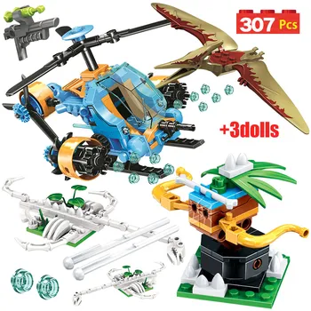

307Pcs Creative Jurassic Series Helicopter Model Building Blocks Jurassic World Capture Dinosaur Bricks Toys for Boys