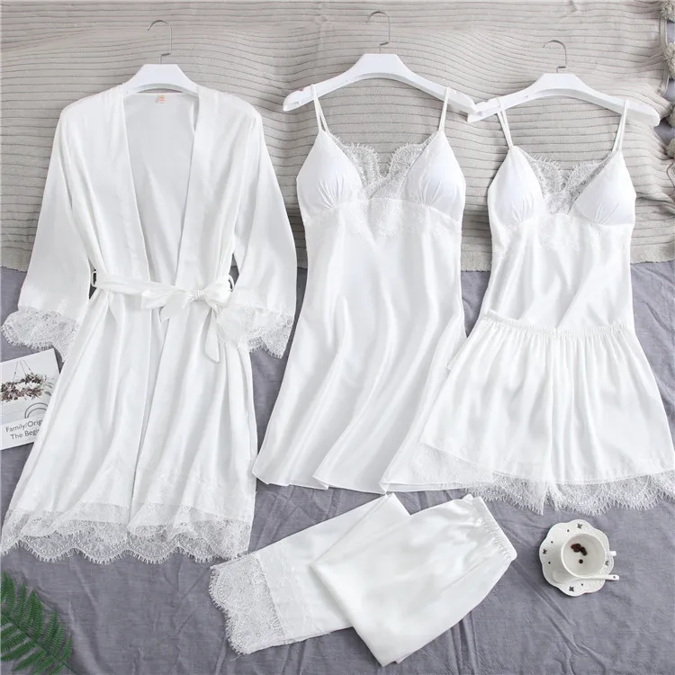 섹시한 풀 슬립 레이스 화이트 실크 잠옷 세트 여성 Chemise 신부 웨딩 가운 잠옷 잠옷 기모노 목욕 가운 란제리
