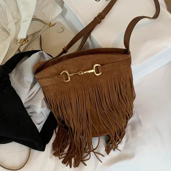 

Bags for Women 2020 Horsebit Tassel Suede Leather Bucket Bag Shoulder Messenger Bolso Mujer Marcas Famosas De Lujo Sac Luxe