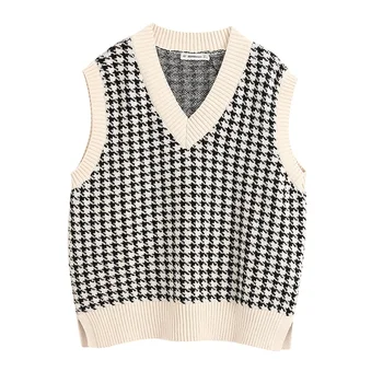 

Spring 2020 Women's New V-Neck Sleeveless Blended Fabric Hem Side Split Vest Ribbed Trim Loose Knit Vest